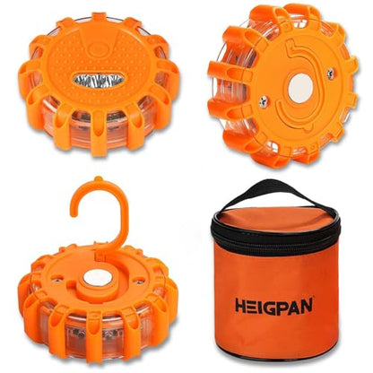 HEIGPAN GP903 LED Road Flares Safety Flashing Warning Lights, Magnetic Base Hook Carrying Bag 9 Flash Modes, for Car Truck Boat 3Pack(Batteries not Included) Orange - color: Battery-3pack