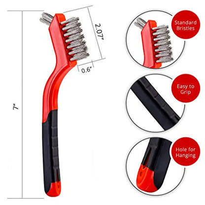 Lavaxon Wire Brush Set 3Pcs - Nylon/Brass/Stainless Steel Bristles with Curved Handle Grip for Rust, Dirt & Paint Scrubbing with Deep Cleaning – 7 Inches (Red) - color: Red