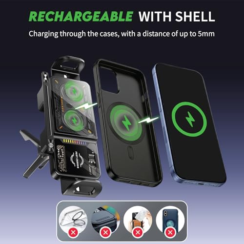 15W Fast Wireless Car Charger Mount, MagSafe Compatible Auto-Clamping & Auto 90° Rotating Phone Holder with Built-in Battery, One-Touch Control, RGB LED Light, Dashboard & Vent Mount