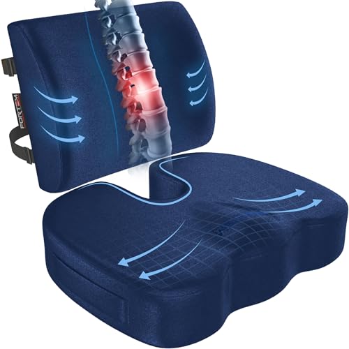 FORTEM Seat Cushion, Office Chair Cushion, Lumbar Support Pillow for Office Chair, Memory Foam Sciatica Coccyx Tailbone Pressure Pain Relief, Car Sitting Pad, Washable Non Slip, XL - color: Blue Velour, size: X-Large