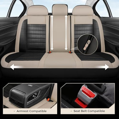 Coverado Car Seat Covers Full Set, Luxury Leather Car Seat Covers, Automotive Front and Rear Mesh Seat Covers, Full Set 5 Seats, Black Beige Seat Covers for SUV Sedan Truck - color: Beige&Black, size: Fullset