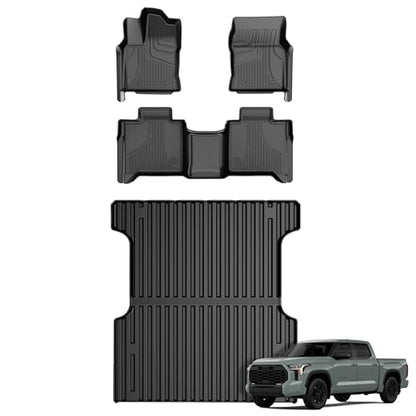 AOMSAZTO Floor Mats for 2022-2025 Toyota Tundra/Tundra Hybrid (Only CrewMax Cab) 5.5FT Truck Bed Mat - All Weather Protection Floor Liners & Bed Liner Set Accessories 2025 2024 2023 2022 - style: 2022-2025 | For Toyota Tundra 1st & 2and Row & Truck