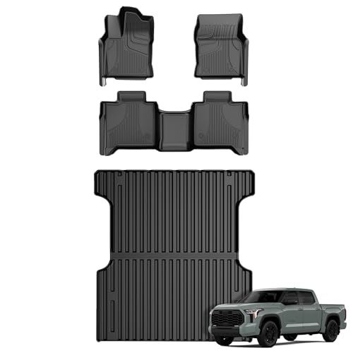 AOMSAZTO Floor Mats for 2022-2025 Toyota Tundra/Tundra Hybrid (Only CrewMax Cab) 5.5FT Truck Bed Mat - All Weather Protection Floor Liners & Bed Liner Set Accessories 2025 2024 2023 2022 - style: 2022-2025 | For Toyota Tundra 1st & 2and Row & Truck