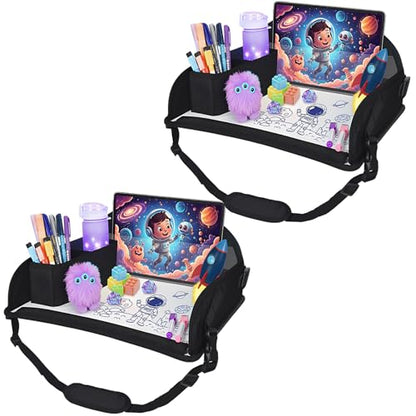 Upgraded Kids Travel Tray for Airplane - Toddler Car Seat Table Tray, Road Trip Essentials for Boys & Girls, Carseat Lap Desk for Kids Road Trip Activities, Black - 2 PCS - color: Black - 2 PCS