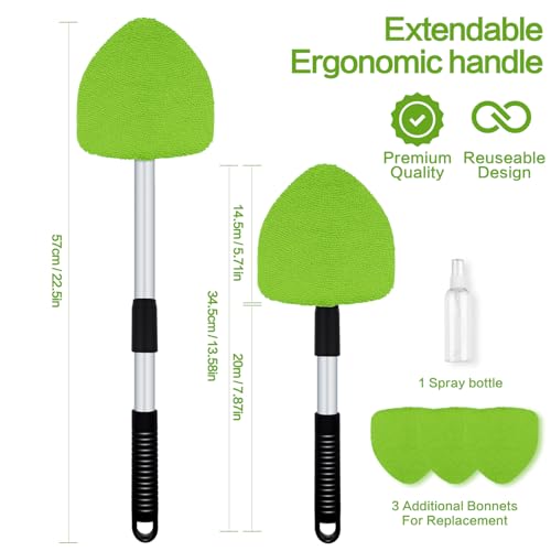 Windshield Cleaner Tool 22.5" L - Car Interior&Exterior Window Cleaning Kit with Extendable Handle&4 Microfiber Pads and Thick Large Wash Sponge, Auto Glass Wiper Brush Kit for Cars Home (7pcs Green) - color: Green