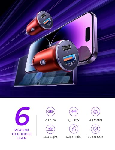 LISEN 2-Pack USB C Car Charger Adapter Fast Charge, 48W All Metal Cigarette Lighter USB Charger for iPhone 15 Smallest Flush Car Charger USB C for iPhone 14 Pro Max 13 12 Galaxy S23/22 iPad Pro-Red