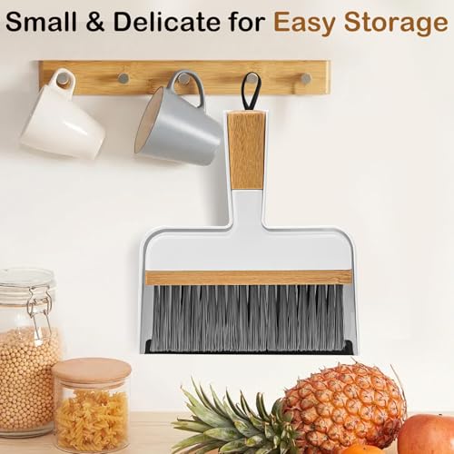 THINKLEARN Mini Dustpan and Brush Set, Portable Broom and Dustpan Combo Set with Bamboo Handle and Soft Rubber Lip, Compact Cleaning Tool for Kids, Car, Desk, Pet, Camping