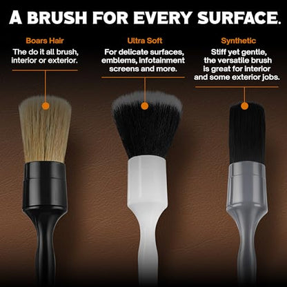 Premium Car Detailing Brush Set - Complete 6 Pack Kit - 2 Boar's Hair, 2 Ultra Soft, 2 Synthetic Bristles - Car Detail Brush for All Surfaces, Leather Seats, Air Vents, Wheels & Emblems, and More - color: Multi 6 Pack