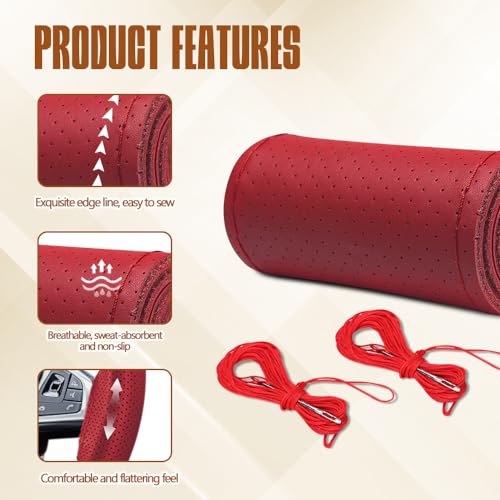 Leather Steering Wheel Cover Lace Up, Car Wheel Cover, Universal Car Steering Wheel Protector, 15 inch, Red, Hole - color: Red, size: 15 inch - Hole