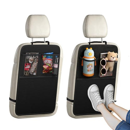 Car Back Seat Protector, 2-Pack Black Waterproof Kick Mats with Custom Storage Pockets, Universal Fit 600D Oxford Fabric Backseat Covers, X-Large Size with Zipper Storage Bag