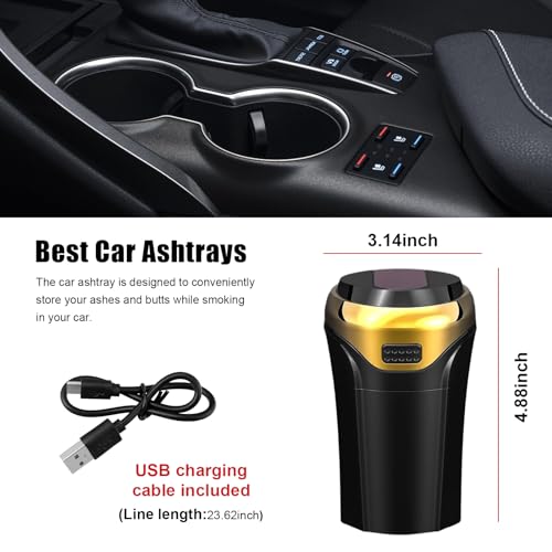 Car Ashtray with Lid, Detachable USB Rechargeable Auto Cigarette Lighter with Blue LED Light, Portable Smell Proof Stainless Car Ash Tray, Mini Automotive Trash Can (Golden) - color: Golden