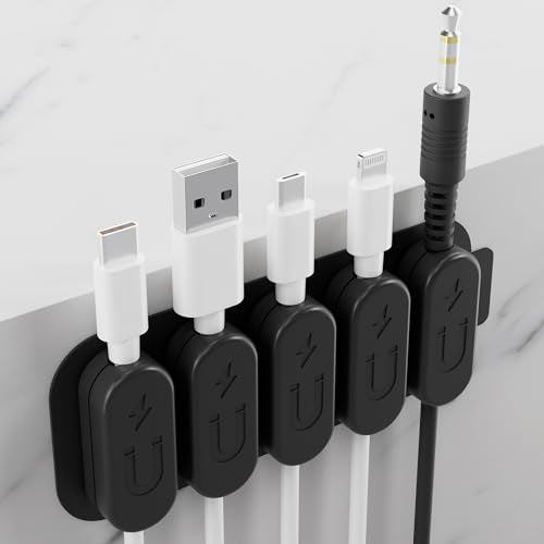 CHARGEWORX Pack of 5 Magnetic Cable Clips, Adhesive Cord Organizer for Desk, Nightstand, Wall or Car, Wire Holder for USB-C, Lightning and Micro-USB Cables, Black - color: Black