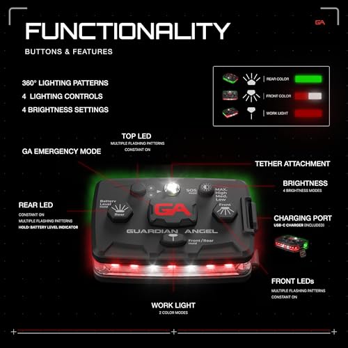 Guardian Angel Elite Series Safety Light (Red Front & Green Rear) - Rechargeable, Magnetic, Hands-Free Wearable/Mountable LED Light for Fire, Roadside, Security, Wireless Boat Navigation - color: Red/Green, size: 1-Pack