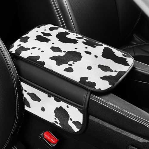 Black White Cow Print Car Center Console Cover PVC Leather Armrest Cushion with 2 Storage Bags Universal Armrest Seat Pad Protector Cowprint Car Accessories for Car Women Men - color: White Black