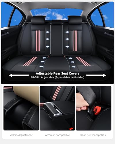 Huidasource Rear Car Seat Cover, Nappa Leather Rear Seat Cover with Ventilation Holes, Velcro Adjustable, Compatible with Seat Belts, Child Safety Seats, for Most Cars SUV Truck, Black＆ Pink - color: R# Black&Pink, size: Back Seat Cover