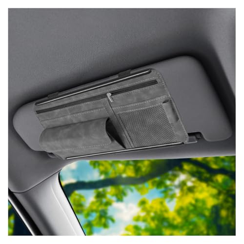 Car Sun Visor Organizer, Leather Multi-Pocket Glasses Card Holder with Zipper, Waterproof Scratch-Resistant Sunshade Storage Bag, Universal Auto Interior Accessory for Car/Truck/SUV (Grey) - color: Grey