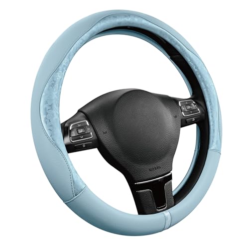 PIC AUTO Steering Wheel Cover, Light Blue Patterned Leather Patchwork Design, Universal Fit 14.5"–15.5", Anti-Slip, Odor-Free, Soft PU Grain Leather, Durable Grip Car Accessory for Girls & Women - color: Light Blue