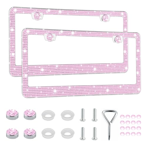 GaRhomxy Bling License Plate Frames for Women, 2 Pack Handcrafted Sparkly Rhinestone Car Accessories, Premium Stainless Steel Frame with 1000+ Faceted Glass Crystals & Free Glitter Caps (Pink) - color: pink, size: 2PCS