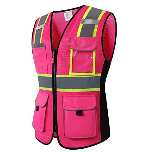 Safety Vest for women, Hi vis Reflective Lady Work vest With 9 Multi Pocket And Zipper - color: Pink, size: Medium