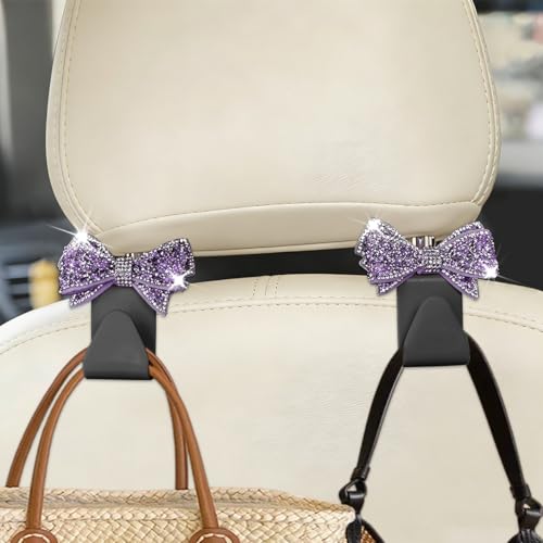 Zpana Bling Car Headreat Hook, 2PCS Crystal Rhinestone Cute Bow Vehicle Seat Back Hanger Storage for Purses Bags Grocery, Diamond Auto Rear Seat Organizer, Universal for SUV Truck Sedan (Purple) - style: Purple/4PCS