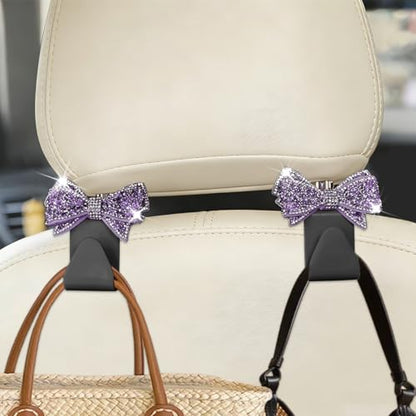 Zpana Bling Car Headreat Hook, 2PCS Crystal Rhinestone Cute Bow Vehicle Seat Back Hanger Storage for Purses Bags Grocery, Diamond Auto Rear Seat Organizer, Universal for SUV Truck Sedan (Purple) - style: Purple/4PCS