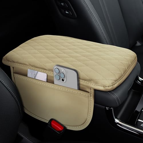 Car Center Console Cover, 12"×7.87" Waterproof Leather Auto Armrest Cover Protector with 2 Pocket, Comfortable Arm Rest Box Cushion Pad, Universal Interior Car Accessories (Beige) - color: Beige