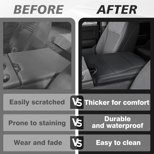 Muslogy Center Console Armrest Cover Fit for Ford F-150 F150 2015-2026 & F250 F350 F450 2017-2026 Accessories, Comfort Armrest Pad Console Lid Cushion Vegan Leather Regular Thick(Jump Seat ONLY) - size: 2) 15-25 |F150| Jump Seat, Regular