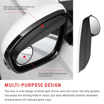 2PCS Car Blind Spot Mirror, Adjustable Wide Angle Side Mirror with Rain Visor Guard, Carbon Fiber Rear View Blind Spot Mirror Reflective Protection Shield, Car Accessories
