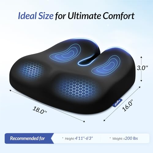 ZIKEE Ergonomic Seat Cushion with Thigh Slope for Long Sitting, Memory Foam Office Chair Cushion for Car, Home, Plane, U-Shaped Design Relieves Hip, Tailbone Pain, Non-Slip Sciatica Pain Relief Pillow