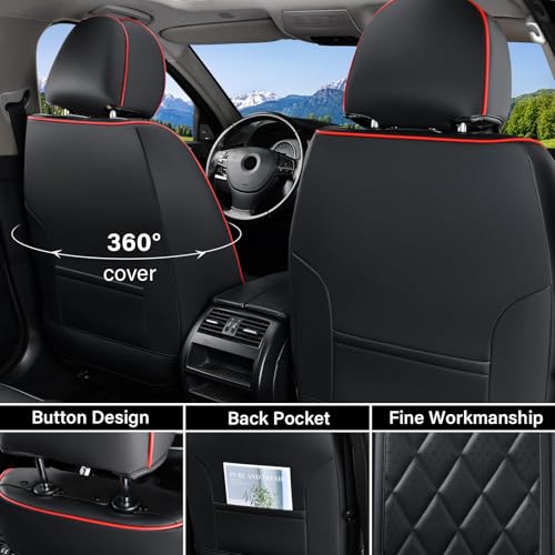 Coverado Car Seat Covers Full Set, Luxury Faux Leather Waterproof Seat Covers, Black Car Seat Covers, Universal Car Seat Protector Leather Car Seat Cushion, Carseat Cover Fit Most Cars, Black&Red - color: A-Black&Red, size: Fullset