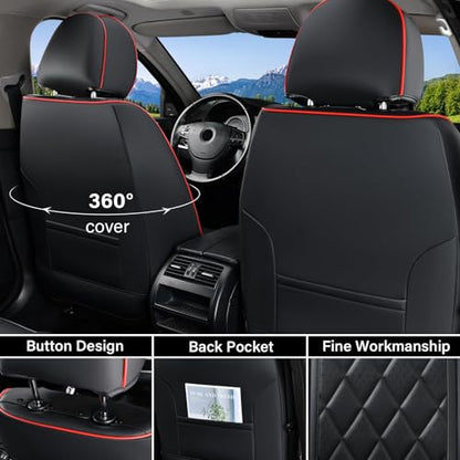 Coverado Car Seat Covers Full Set, Luxury Faux Leather Waterproof Seat Covers, Black Car Seat Covers, Universal Car Seat Protector Leather Car Seat Cushion, Carseat Cover Fit Most Cars, Black&Red - color: A-Black&Red, size: Fullset