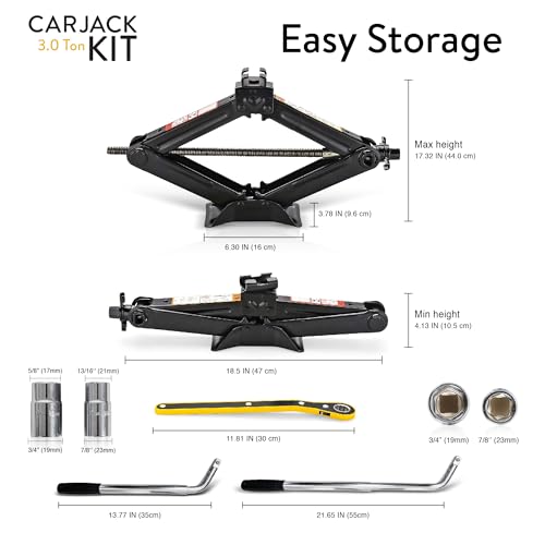 Car Jack Kit | Scissor Jack for Car 3 Ton (6,600 lbs) - Tire Jack Tool Kit | Portable, Ideal for SUV and Auto - Universal Kit with Lug Wrench | Heavy Duty Material - size: Car Jack Kit 3 Ton + Lug Wrench