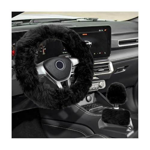 Fluffy Steering Wheel Covers Set, Fuzzy Wool Wheel Protector with Handbrake & Gear Shift Cover, Soft Warm Steering Wheel Wrap Furry Interior Accessories for Women Girls (Black) - color: Black