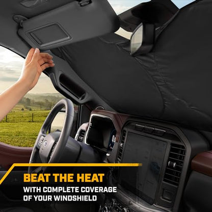 Cat Auto Shade for Car/Truck Windshield Pop-Up Sunshade UV Reflective Sun Shade Black with Yellow Tire Tracks – Jumbo Size 64” x 32” - color: Black XL