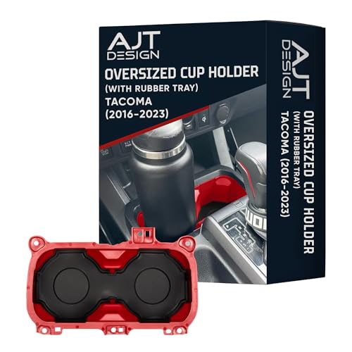 AJT DESIGN Oversize Cup Holder with Tray Compatible with Toyota Tacoma 2016–2023 | Fits 3.65" Bottles | Car Cup Holder Organizer | Center Console Upgrade, Tacoma Interior Accessory | Red - color: Red, style: With Rubber Tray