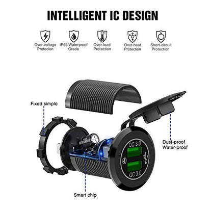 Nilight - 90103A Dual USB Port QC 3.0 Fast Charging Hubs USB Charger Socket Power Outlet 2.1A & 2.1A x2 for Car Boat Marine RV Mobile with Wire Fuse DIY Kit with Lightly Blue LED, 2 years Warranty - size: Dual USB