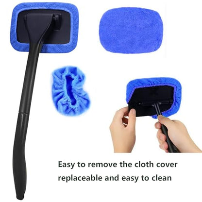 desin Car Windshield Cleaner Tool with Extendable Handle, Inside Auto Window Glass Cleaning Kit with 5 Washable Microfiber Pads, Streak-Free Defogger Wand for Deep Dashboards & SUVs - color: Blue