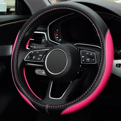 LABBYWAY Microfiber Leather Auto Car Steering Wheel Cover, Universal Fit 15 Inch Anti-Slip Wheel Protector, Pink - color: Fiber Pink