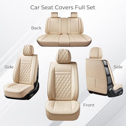 Huidasource Beige Seat Covers Full Set, Nappa Leather Seat Cover Hollow Design Airbag Pops, Front ＆ Back Seat, 5 Layers Seat Covers for Most Cars, Vans, Trucks, SUVs Universal Fit (Full Set/Beige) - color: 02FS# Beige, size: 5pcs Full Set