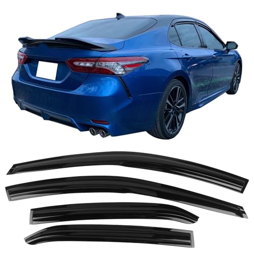 Tape on Outside Mount Window Visors Compatible with 2018-2024 Toyota Camry, Acrylic Unpainted Air Deflector Sun Rain Guard 4pc by IKON MOTORSPORTS, 2019 2020 - color: Mugen Style Smoke/Tinted