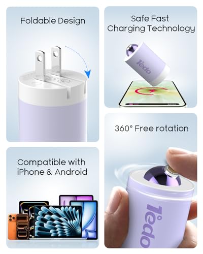 Magnetic for iPhone Charger, 1°edo GaN 65W Fast USB C Charger Block, PD 3.0 QC 4.0 Foldable Magnetic Fast Charger with 6FT Cable for iPhone 17/16 and More Series, Samsung Galaxy, iPad erc (Purple) - color: Purple