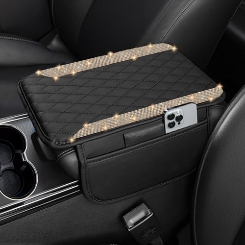 NBTEPEM Bling Car Center Console Armrest Cover, Microfiber Leather and Diamond Middle Console Cover with 2 Storage Bags, Bling Accessories Interior for Most Vehicles (Gold Champagne Diamond) - color: Gold Champagne Diamond