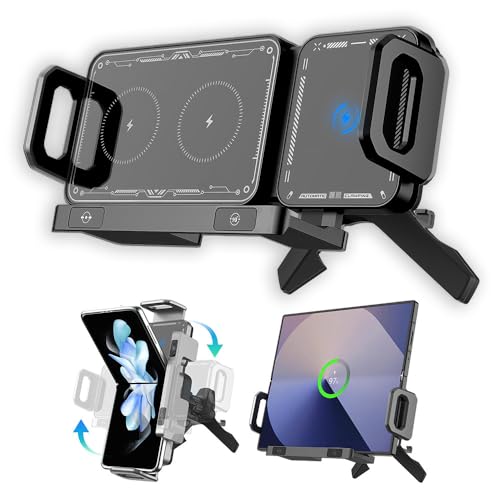 Famous Tech Shop Wireless Car Charger Mount 15W Fast Charging Phone Holder with Auto Rotation, Dual Mount Dashboard and Windshield Car Phone Holder for iPhone and Android