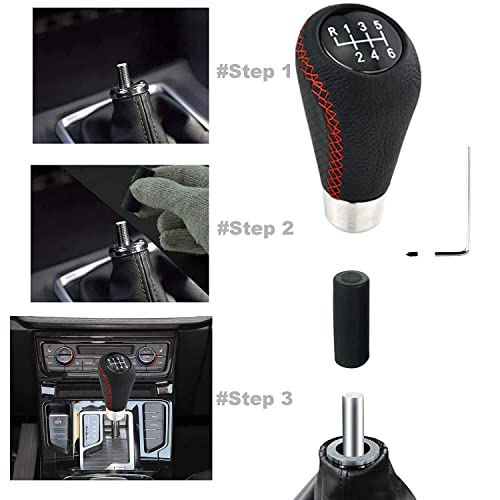 Lunsom 6 Speed Manual Shifter Knob PU Gear Shift Handle Leather Car Shifting Lever Head Accessories Fit Most Vehicle (Red Suture) - color: Red