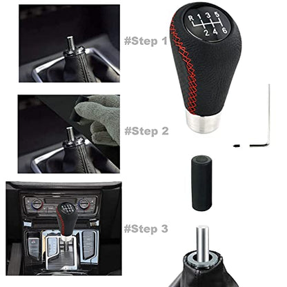 Lunsom 6 Speed Manual Shifter Knob PU Gear Shift Handle Leather Car Shifting Lever Head Accessories Fit Most Vehicle (Red Suture) - color: Red
