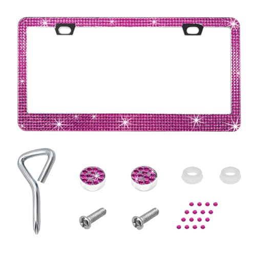 Bling License Plate Frame, Stainless Steel Glitter Crystal Diamond License Plate Cover Holder, Sparkly Bedazzled Rhinestone Car Tag Covers for Women, Car Accessories (Pink) - color: Pink, size: 1PCS