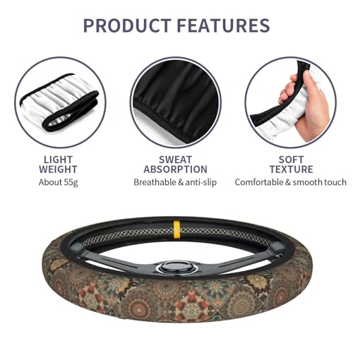 Bohemia Steering Wheel Cover with 2 Car Coasters Non Slip Neoprene for Women Men Universal 15 Inch - color: Bohemia