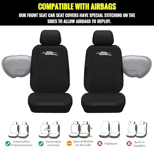 AUTOYOUTH Black Seat Covers Front Seats Only, 3D Tyre Embossed Breathable Bucket Covers, Airbag Compatible, Quick Setup Universal Fit for Sedan, SUV, Truck, Van - color: Black, size: Front Seats Only (4 pieces)