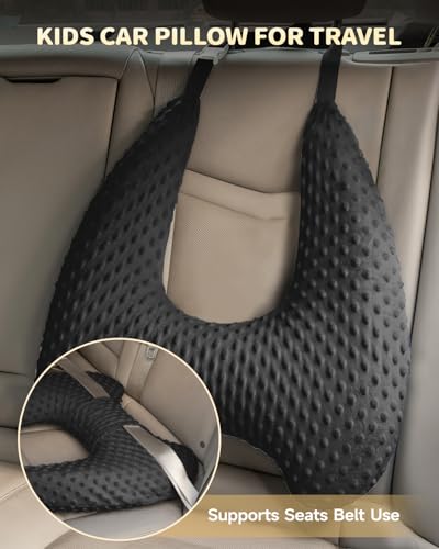 Memory Foam Kids Travel Pillow, Car Pillow for Kids, H-Shape Car Pillows for Sleeping, Removable Pillowcase, Adjustable, Velvet Dots, Black - color: Velvet Dots Black