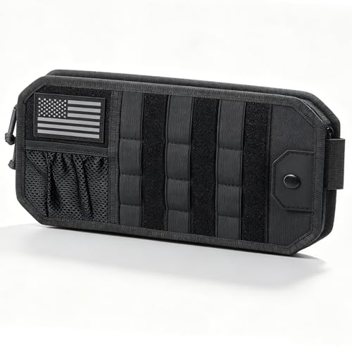 Molle Car Sun Visor Organizer,Car Accessories with Zipper Visor Storage Pouch&Glasses Clip&Adjustable Straps, Semi-Rigid Molle Panel for Tactical Gears, Fits Most Vehicles, SUVs (Black) - color: Black